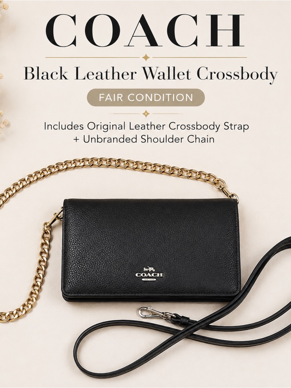Coach Black Leather Wallet Crossbody with Gold Chain